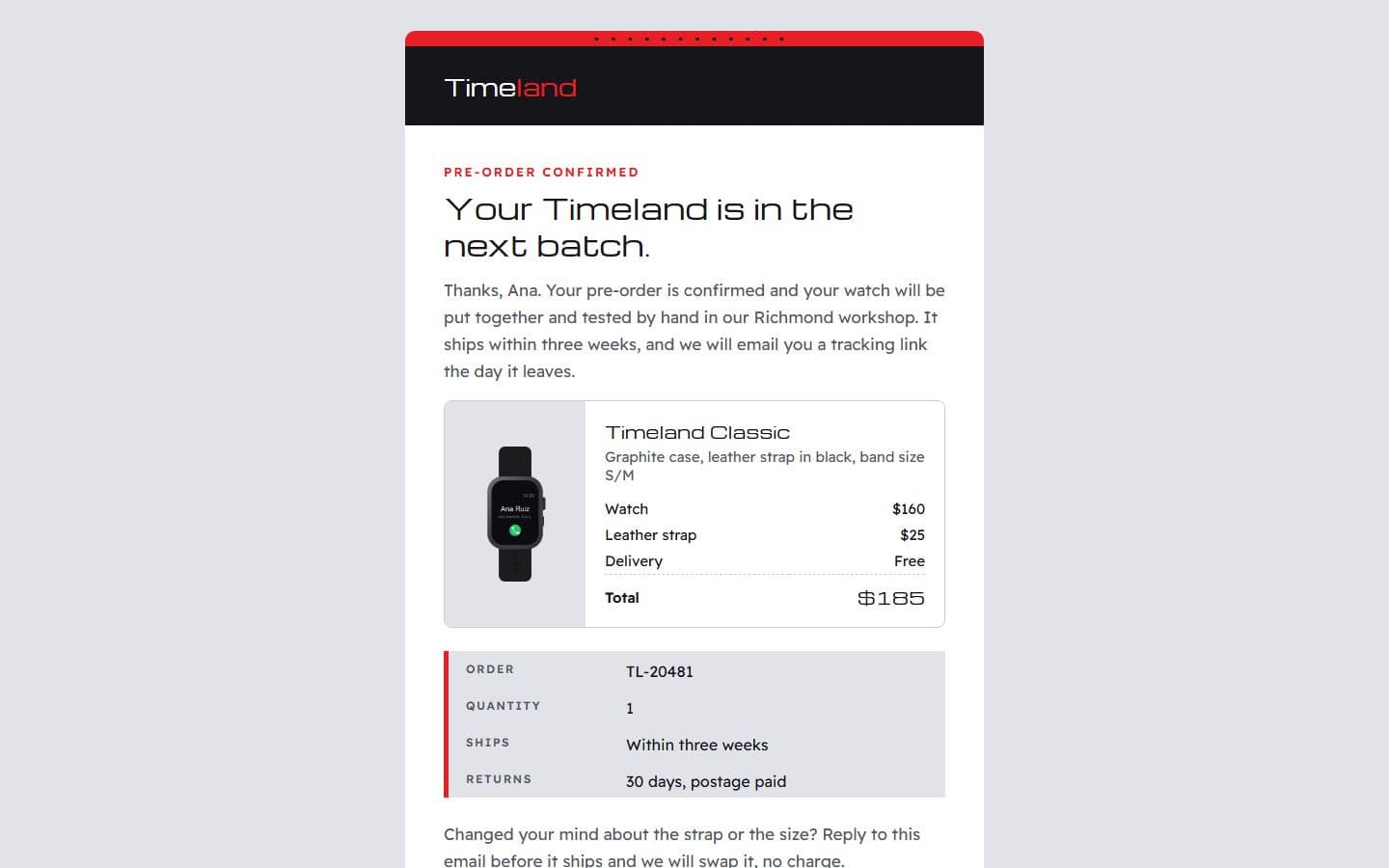TimeLand Email: preorder page