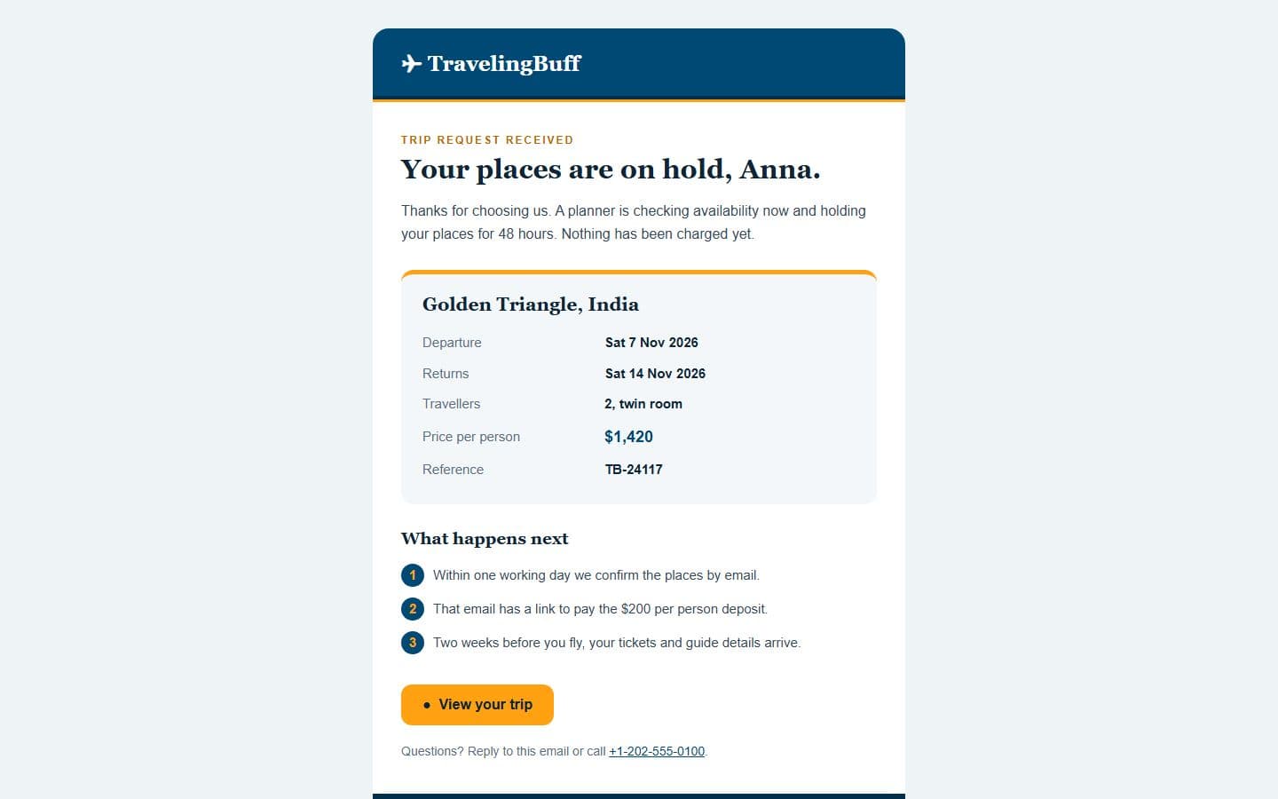 TravelingBuff Email: booking page