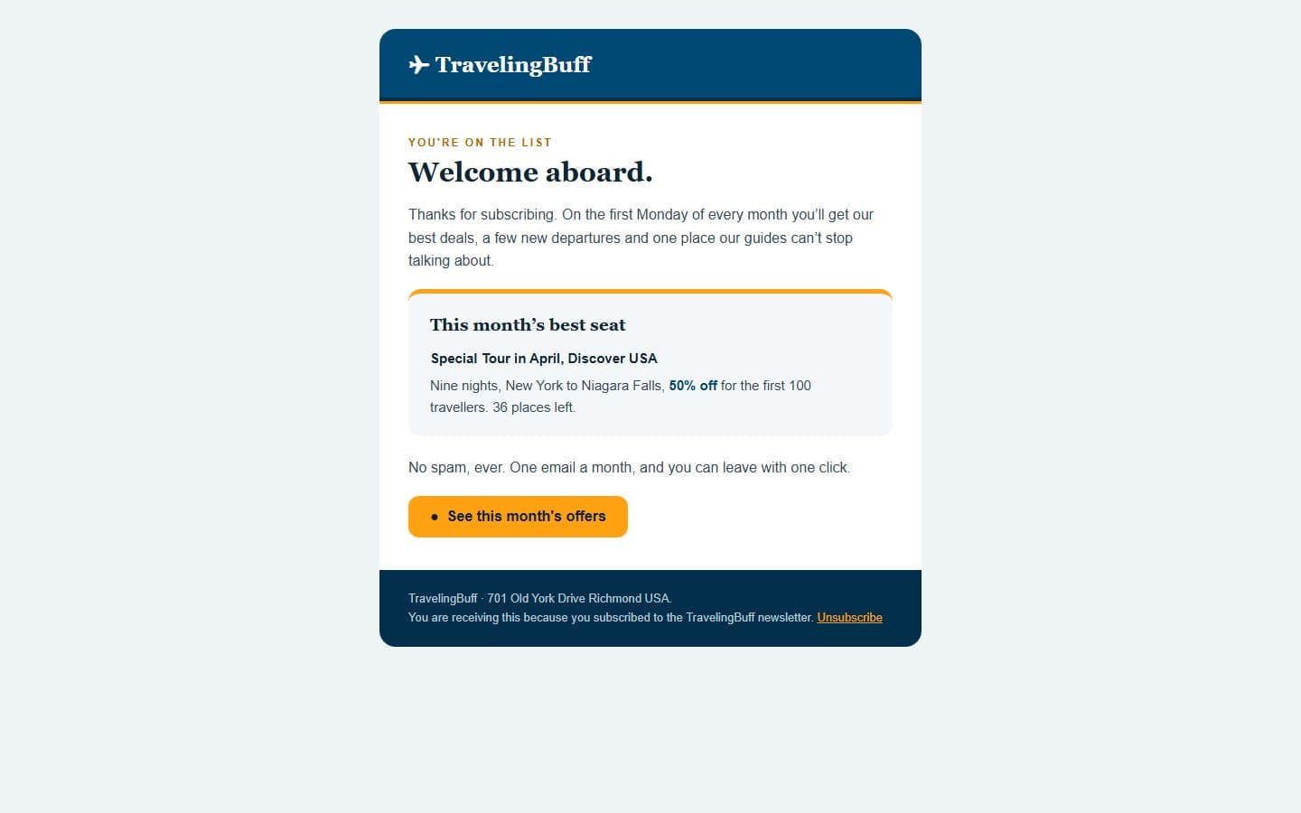 TravelingBuff Email: newsletter page