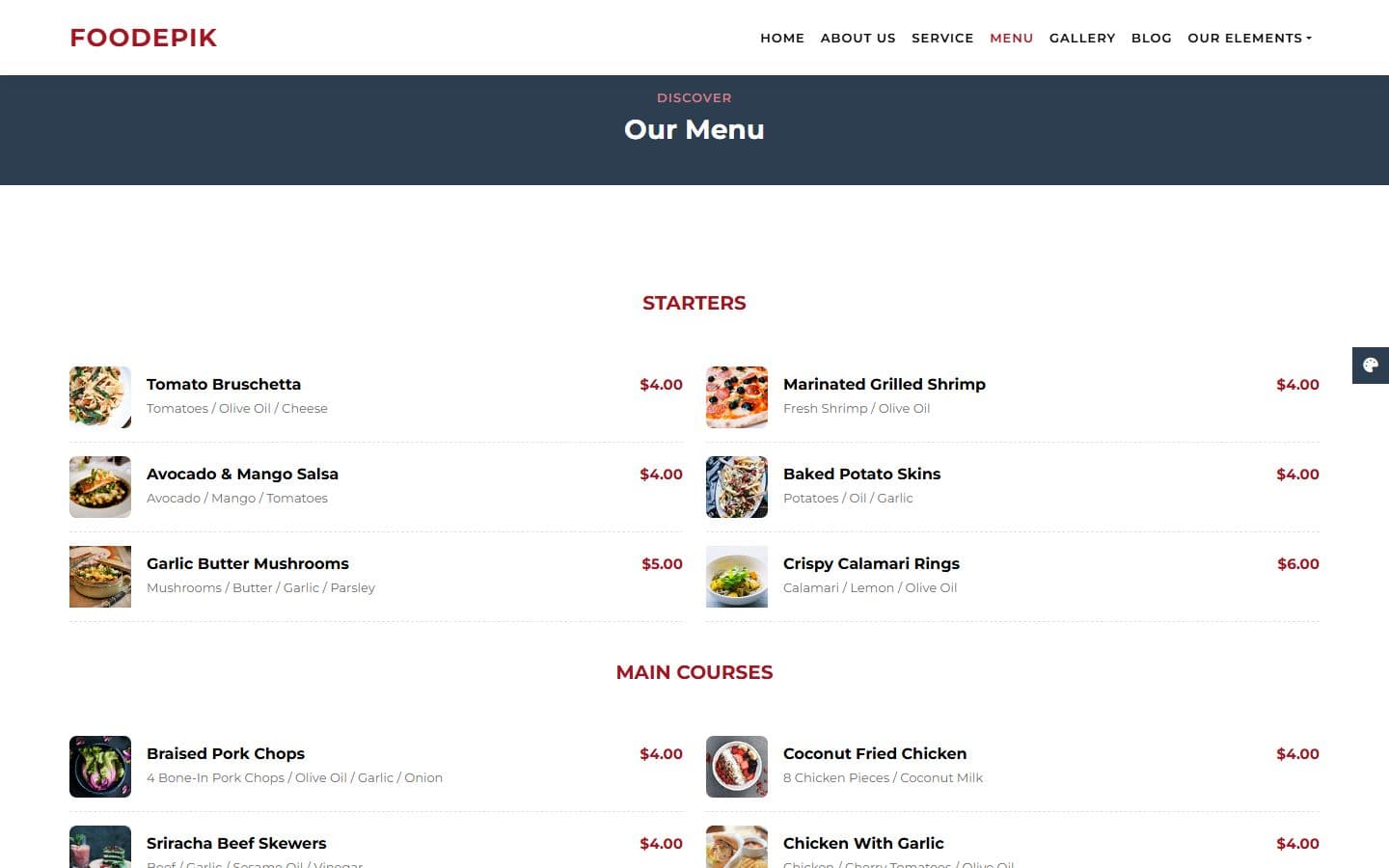 FoodEpik Menu page