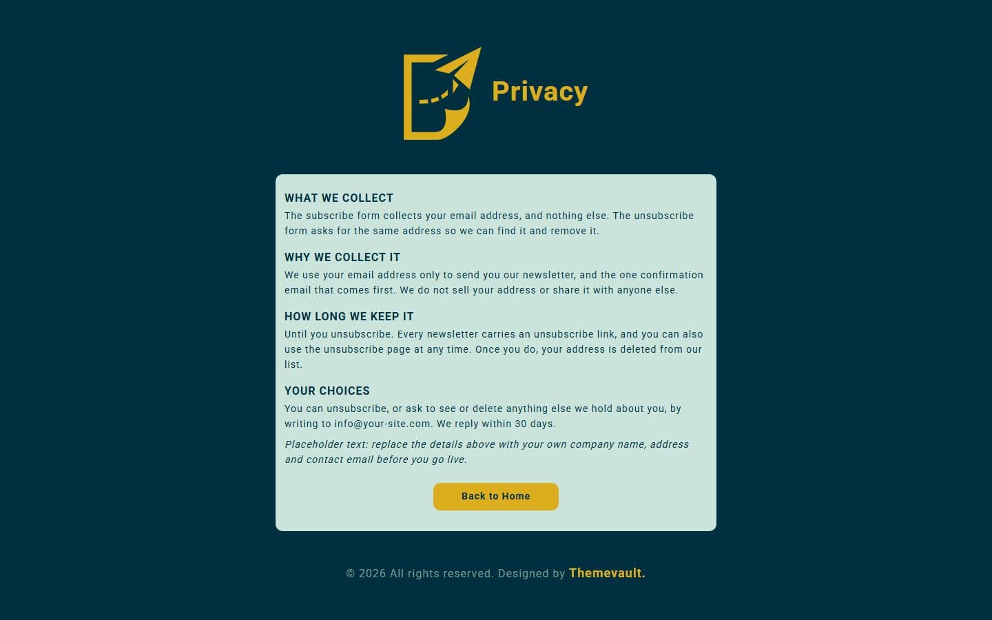 Modern Distinctive Subscribe Form Privacy page
