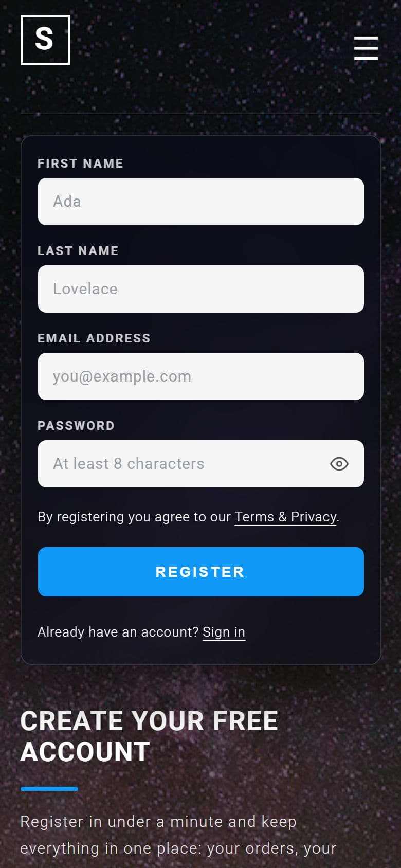 Snow Register Form on a phone