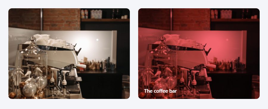 Colour overlay CSS image hover effect: the card before and on hover