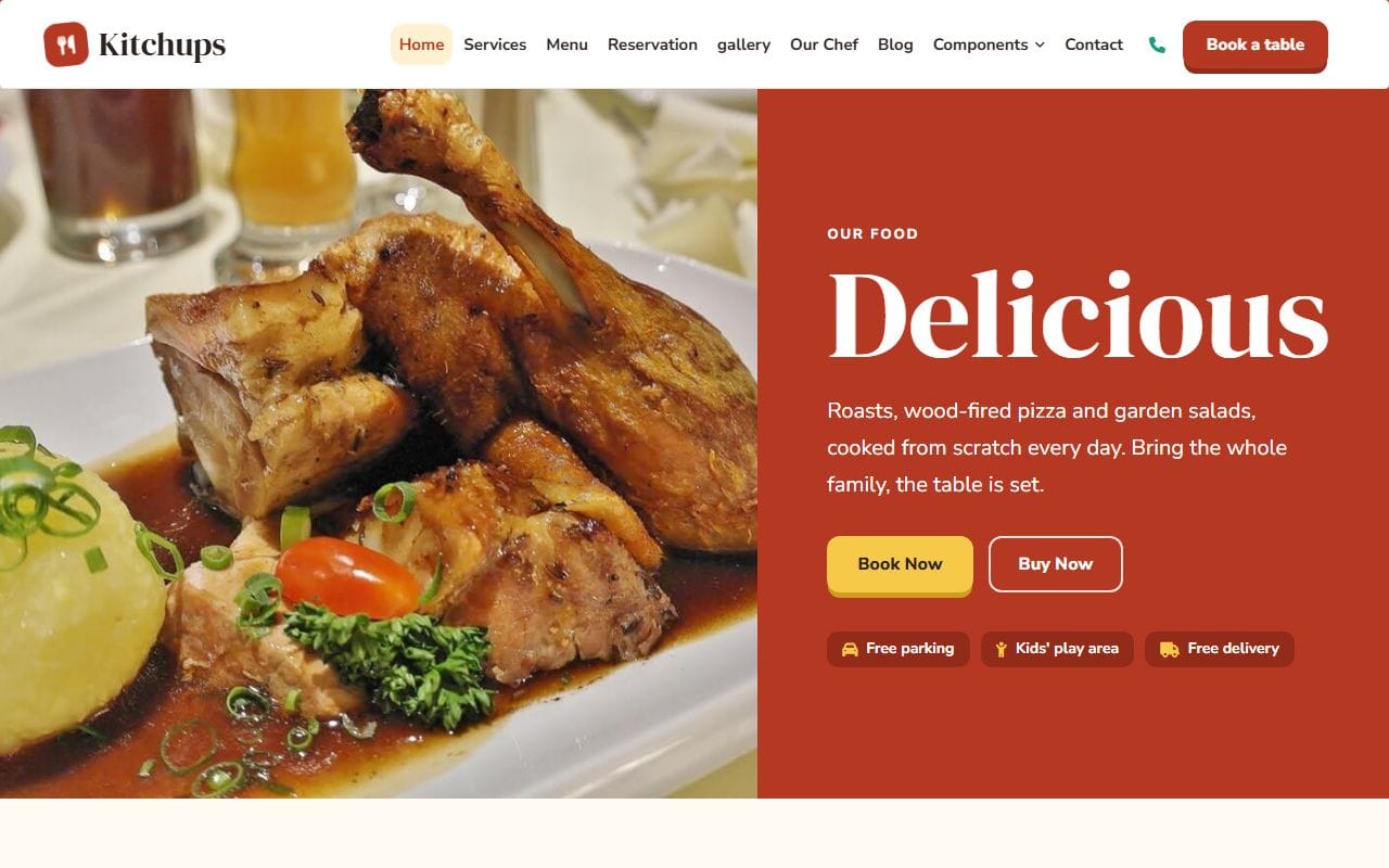Kitchups restaurant template using DM Serif Display headings and Nunito Sans body text