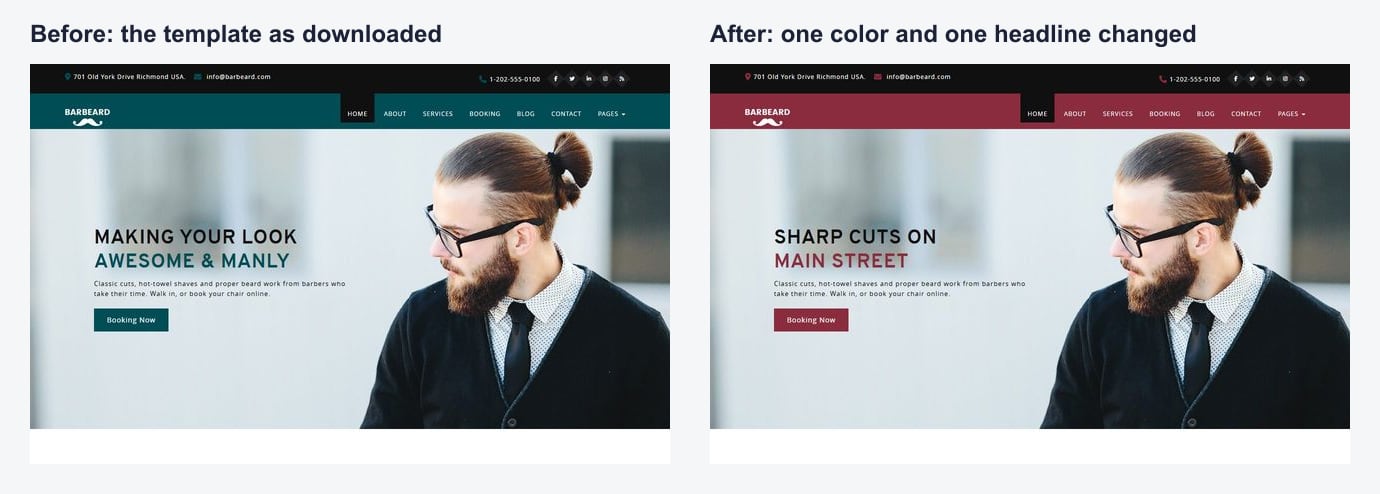 Barbeard home page before and after changing the main color and headline