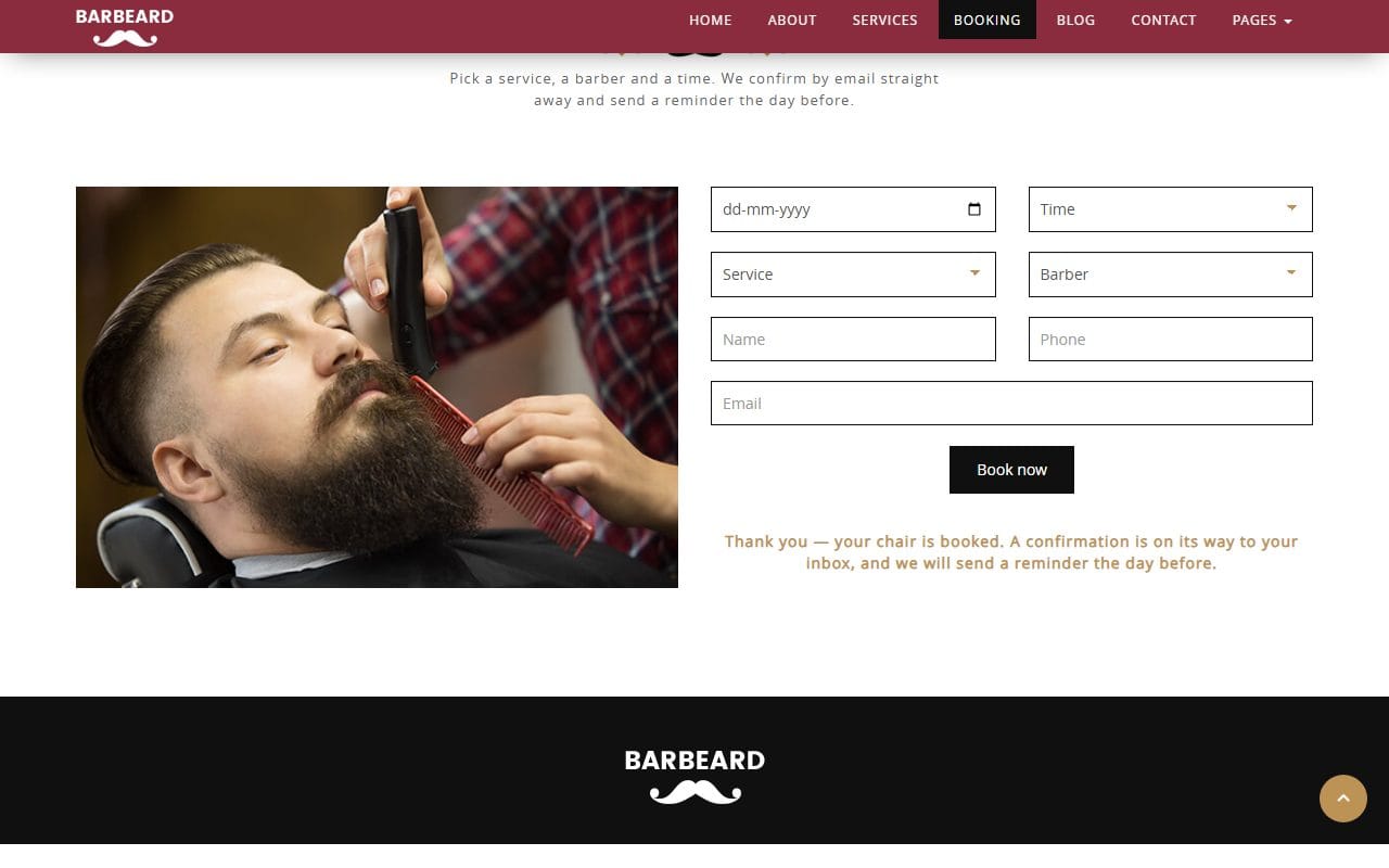 Barbeard booking form showing its confirmation after being sent to a form service
