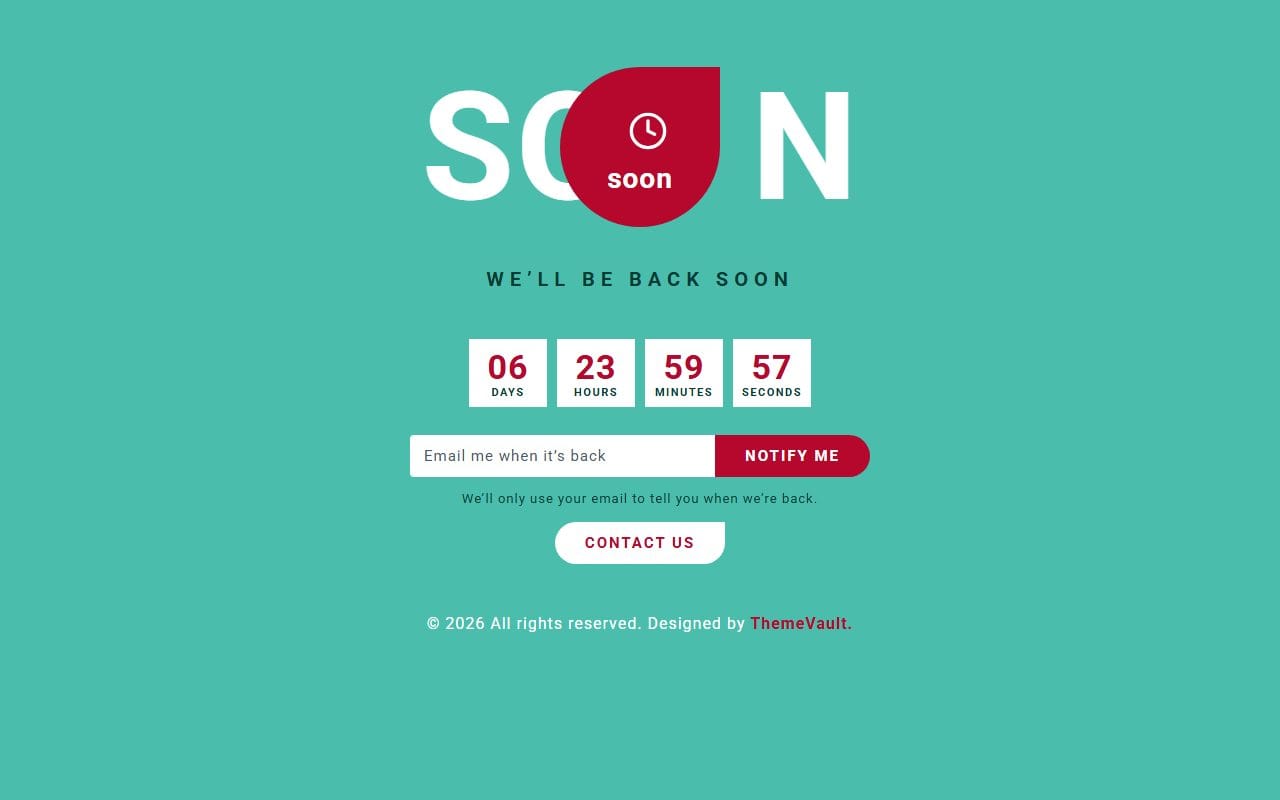 Maintenance page with a countdown and notify-me form from the Creative Vibrant 404 kit