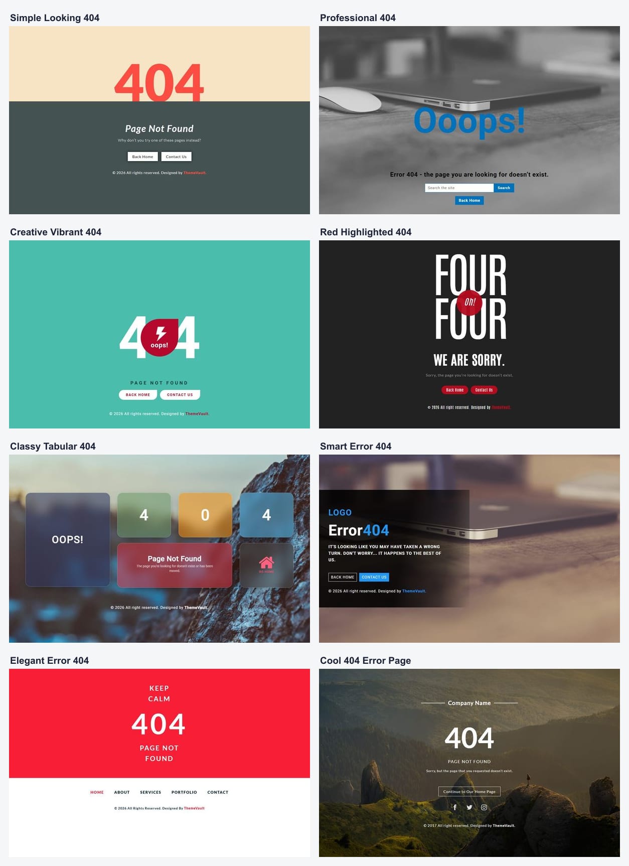 Eight free 404 error page templates shown side by side