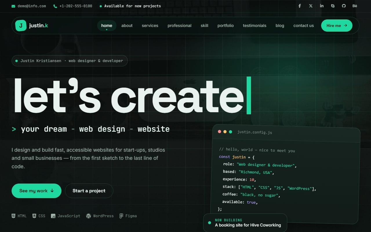 Justin Kristiansen web developer portfolio template built with Bootstrap 5