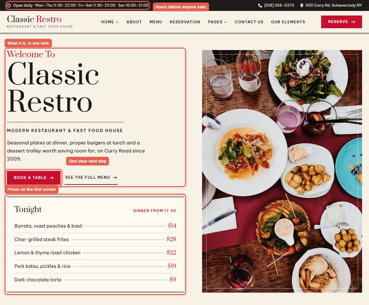 ClassicRestro restaurant template first screen with labels on the hours, the introduction, the booking button and tonight's menu with prices
