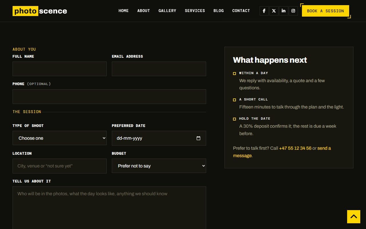 Photoscence booking form with type of shoot, date, location and budget fields