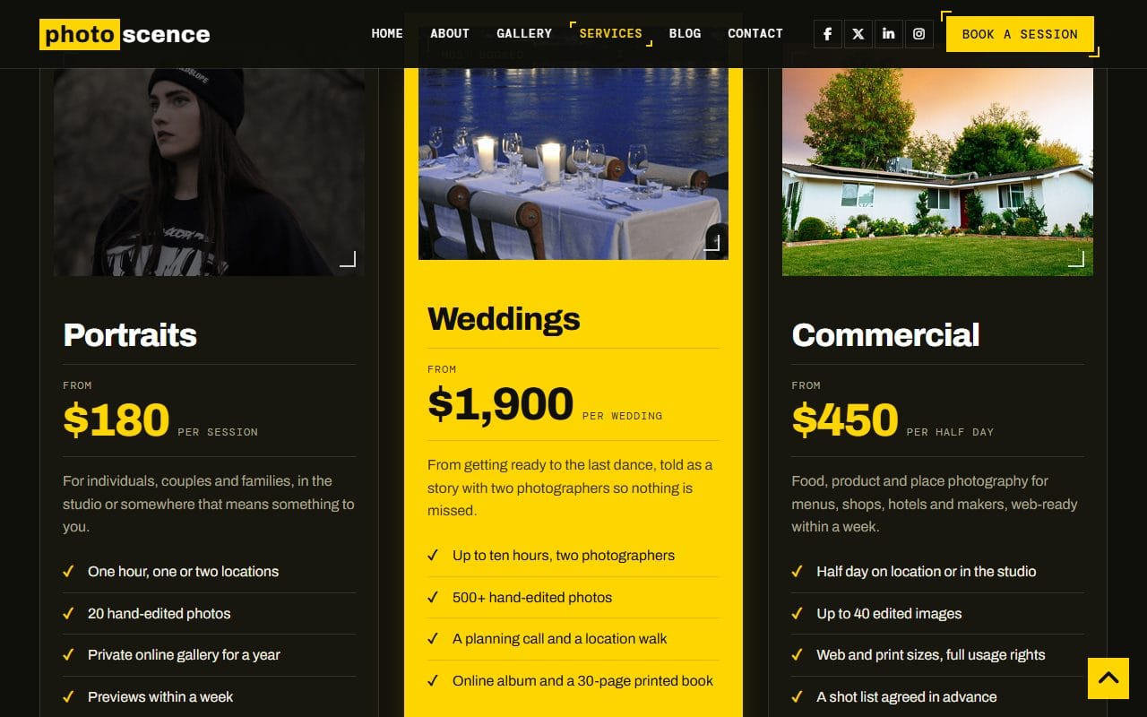 Photoscence services page with portrait, wedding and commercial packages and prices