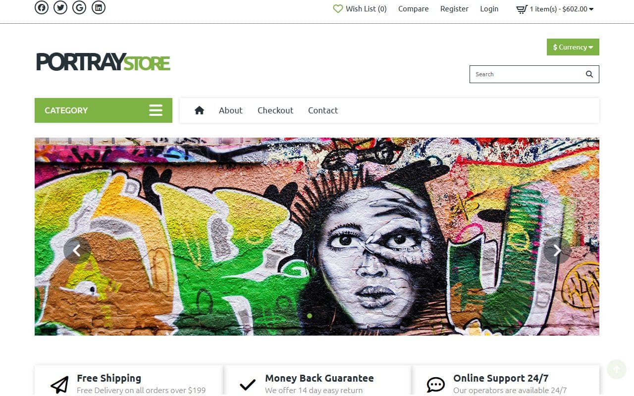 Portraystore art and print shop website template, home page