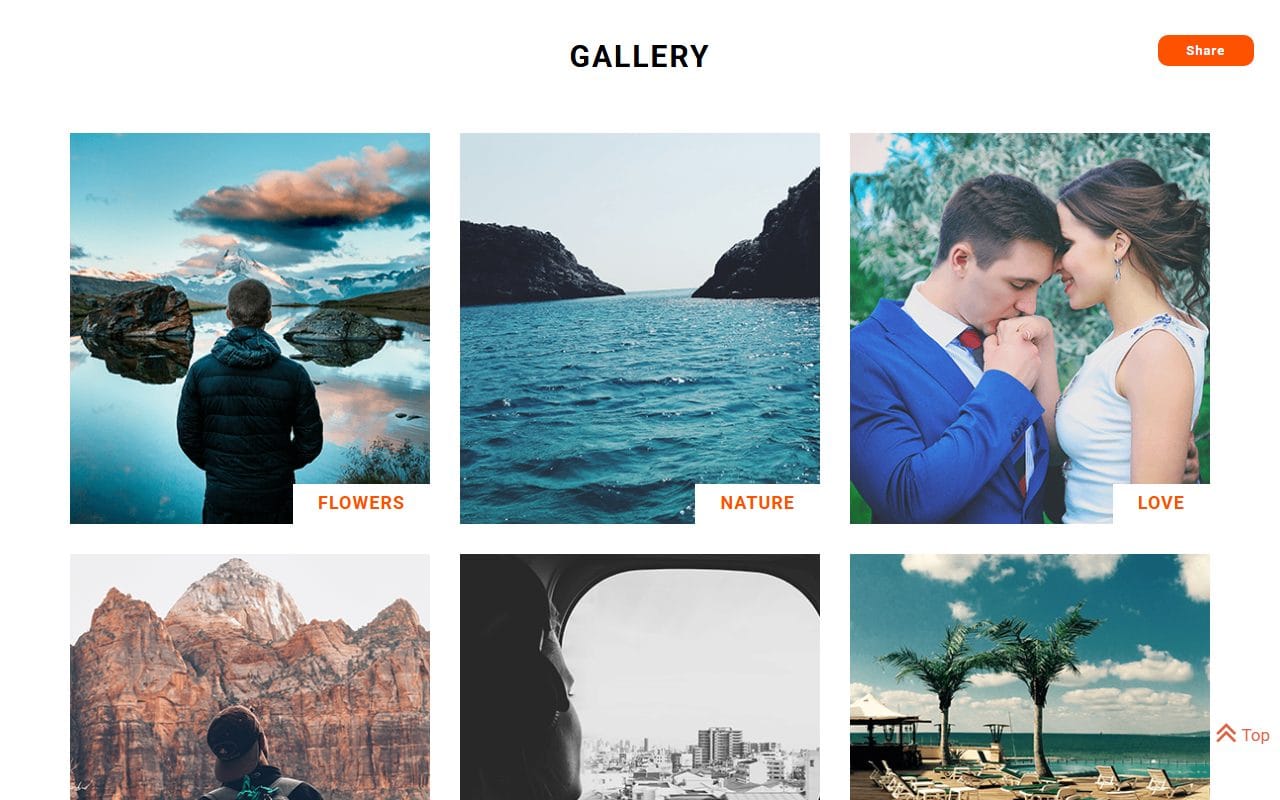 Snappy photography website template, gallery labelled by subject