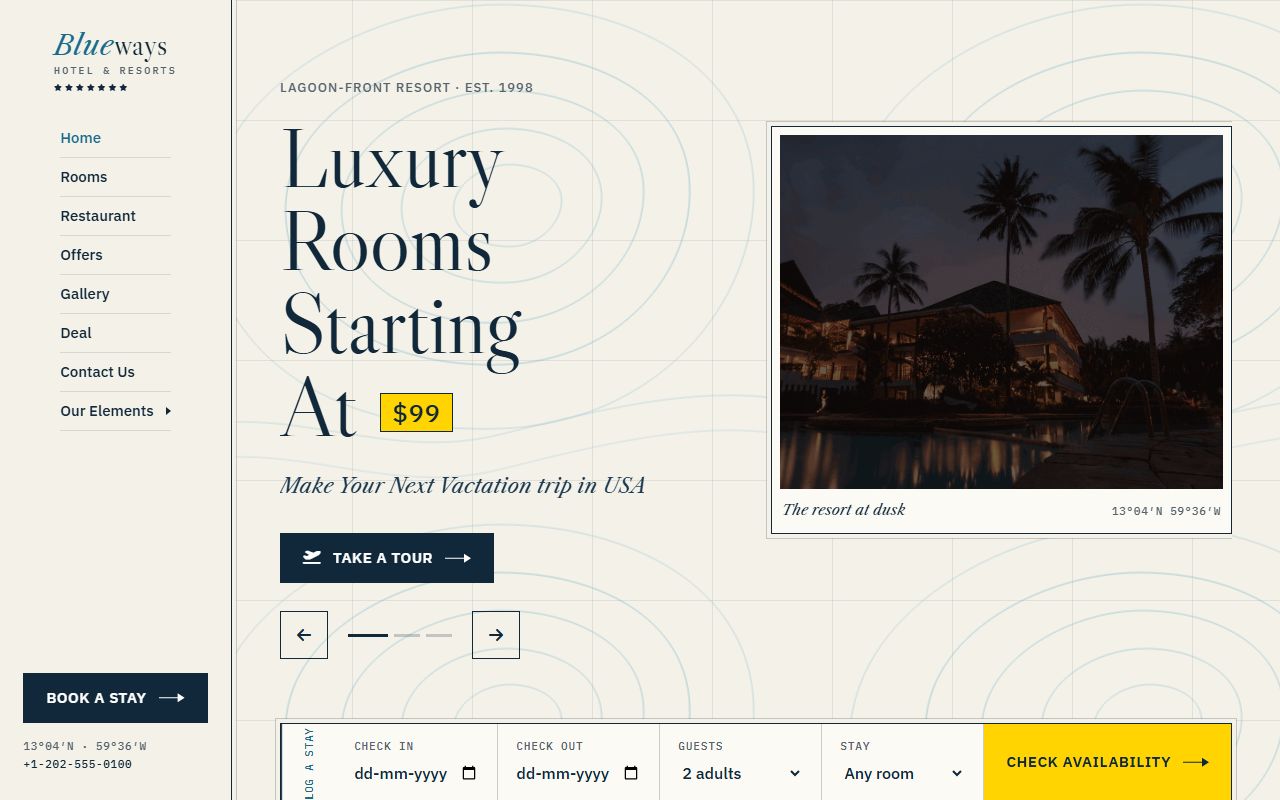 Blueways hotel website template, home page