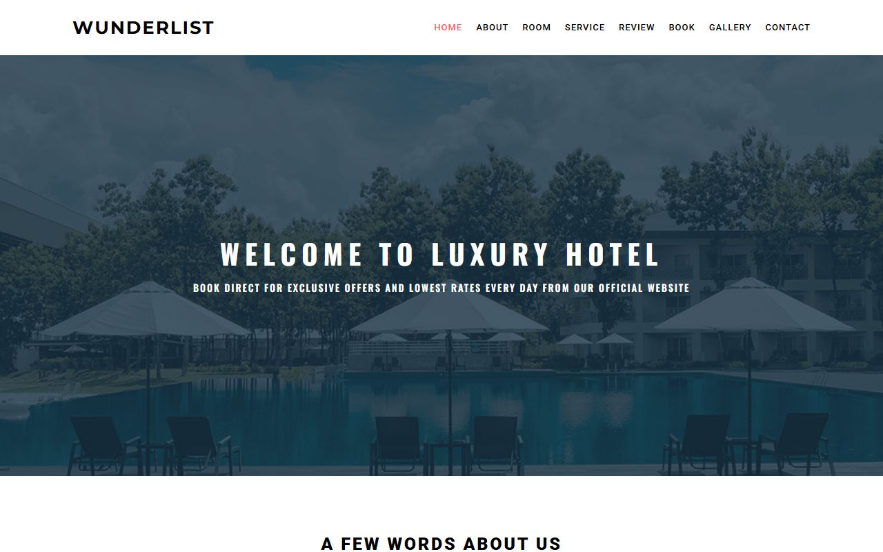 Wunderlist hotel website template, home page