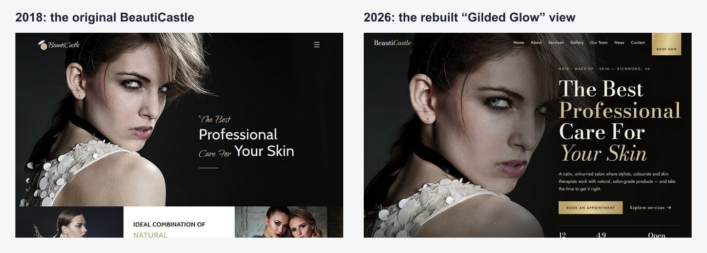 BeautiCastle beauty salon template in 2018 and after its 2026 rebuild