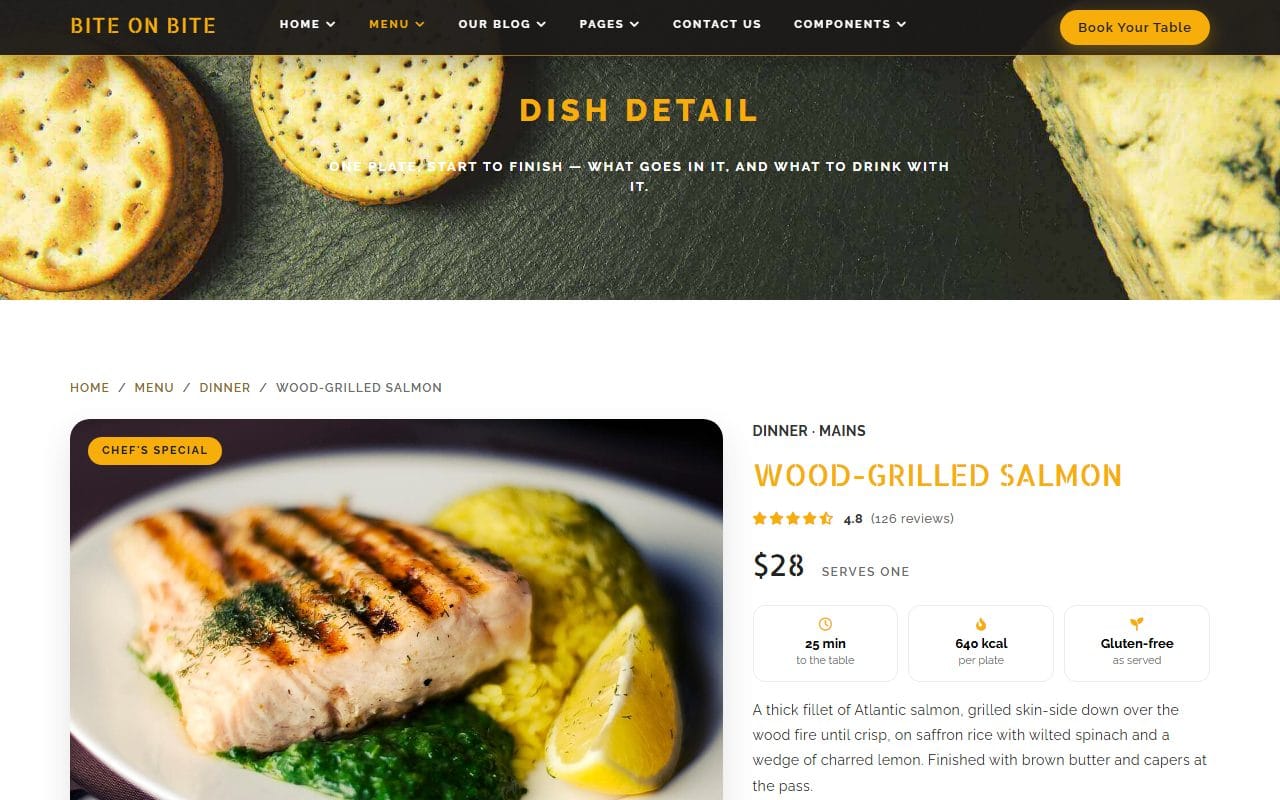 Bite on Bite restaurant template dish detail page