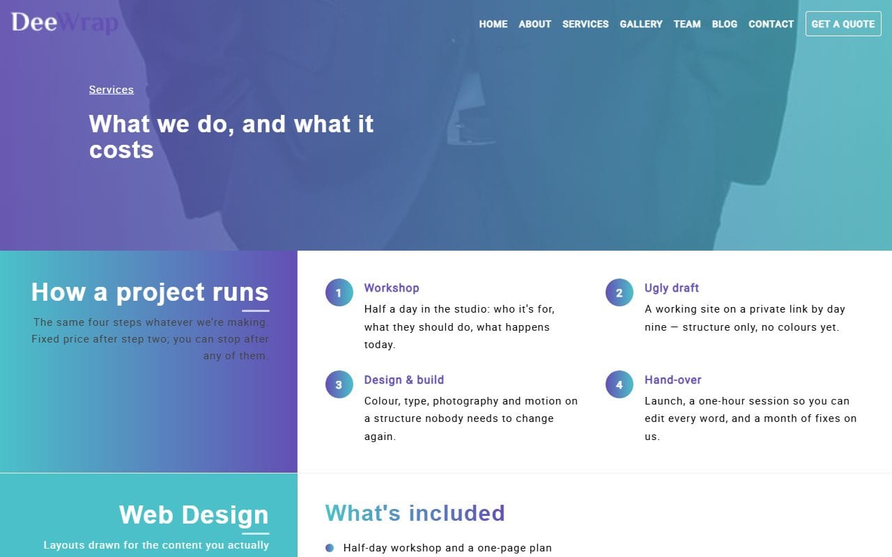 DeeWrap services page with what is included, prices and how a project runs