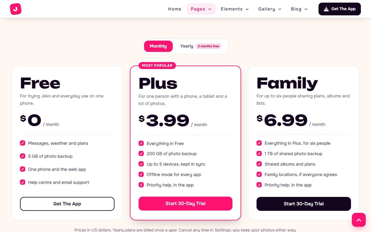 Jeko app pricing with a monthly and yearly switch and three plans