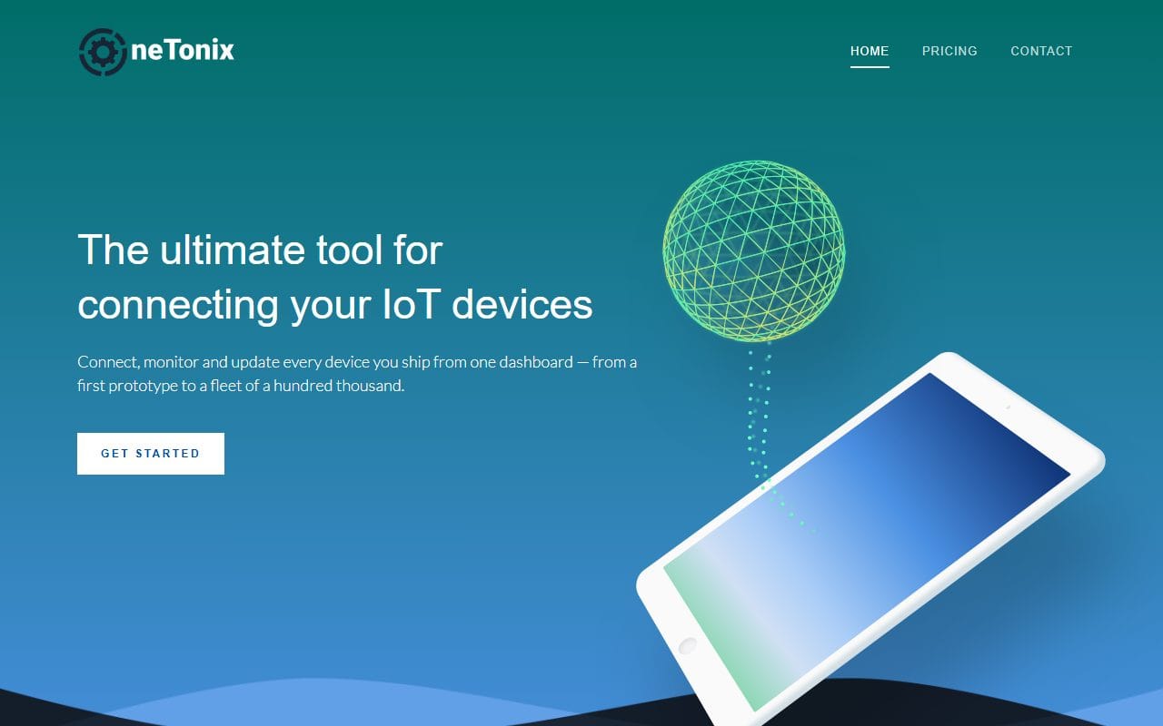 Onetonix IoT platform landing page with headline, one sentence and a Get Started button