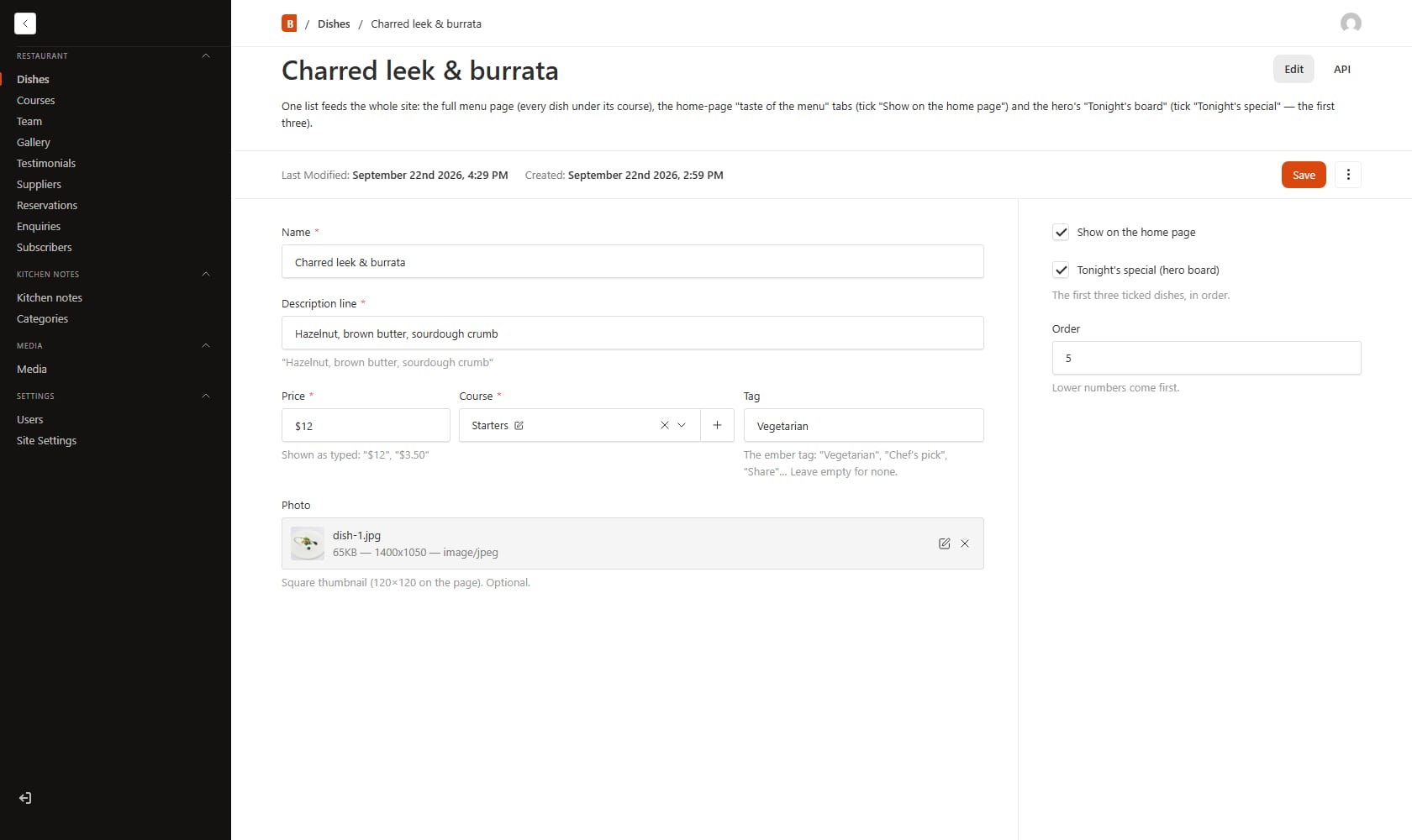 Editing a dish in the Bistrofeast Next.js template's Payload admin: name, description line, price, course, tag, photo, home page and tonight's special tick boxes, order