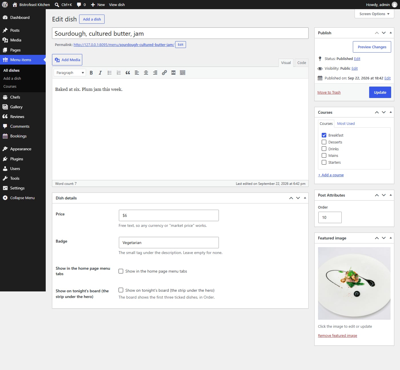 Editing a dish in the Bistrofeast WordPress theme: title, description, price, badge, home page and tonight's board tick boxes, course and featured image